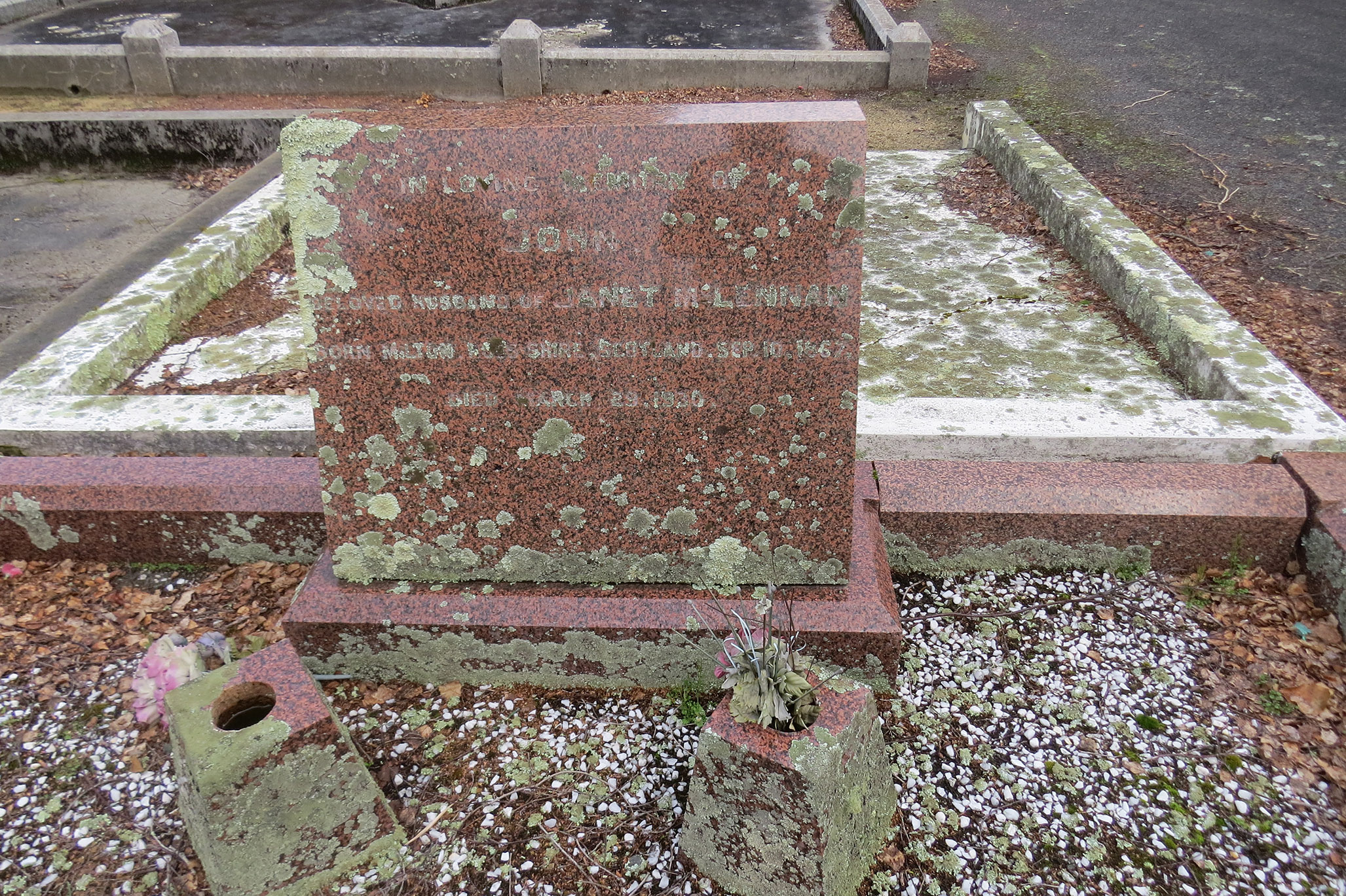 Photo of headstones/John McLennan b10sep1867Milton hdstn Masterton NZ
